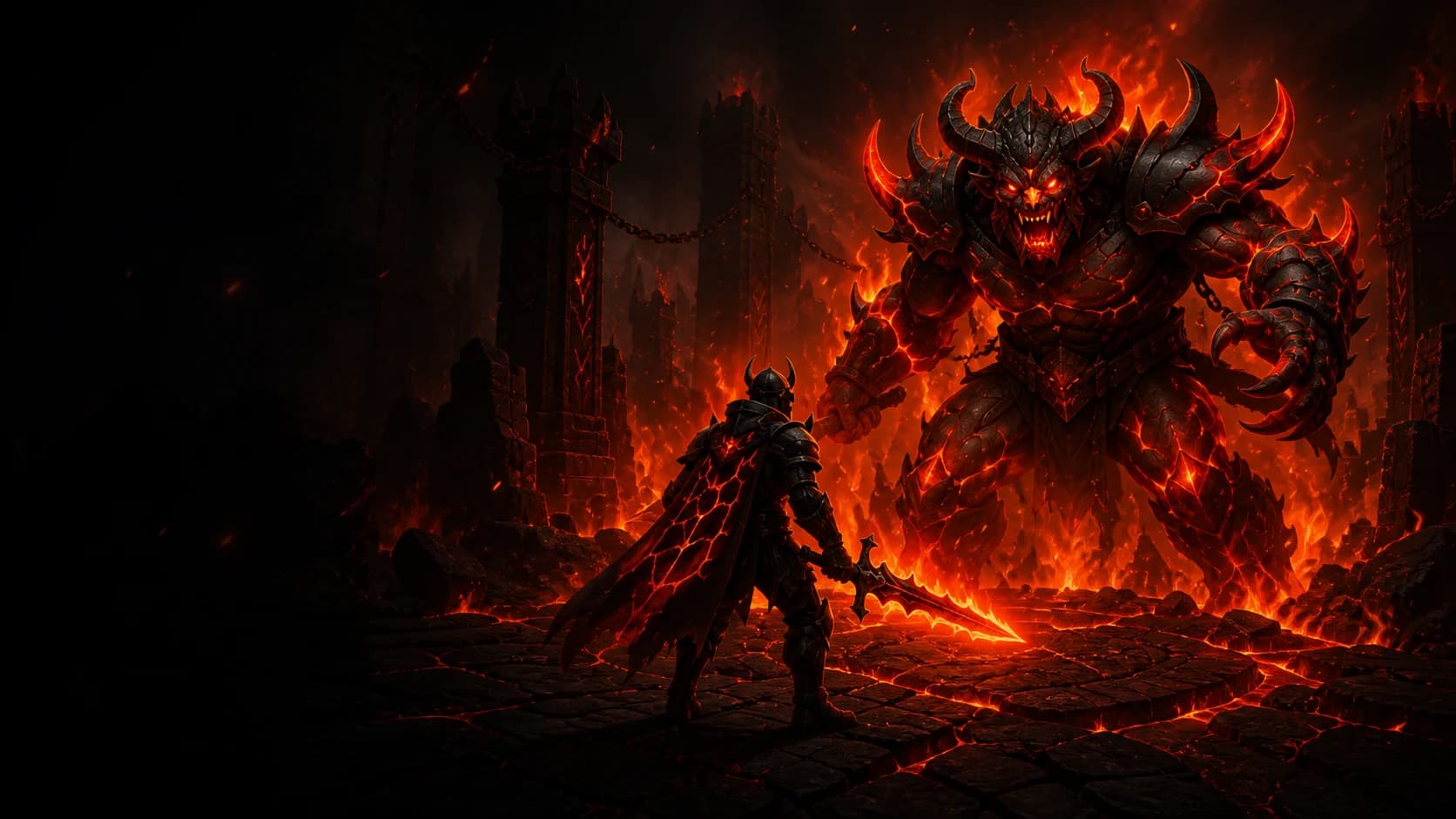 An adventurer facing a towering lava-armored monster in the Inferno