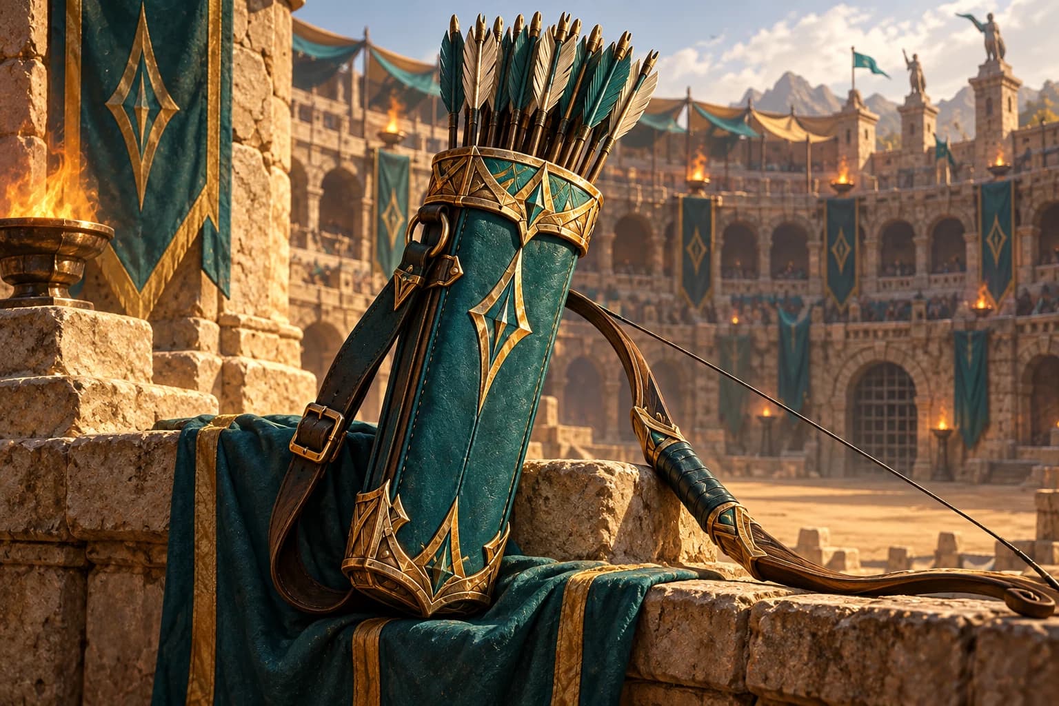 Teal and gold quiver with feathered arrows beside a Colosseum arena