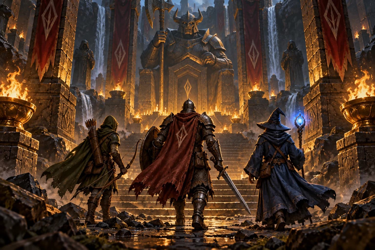 Warrior, ranger and mage entering a vast ancient raid temple