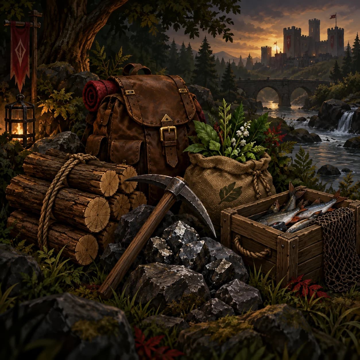 Gathered herbs, logs, ore and fish beside a woodland river