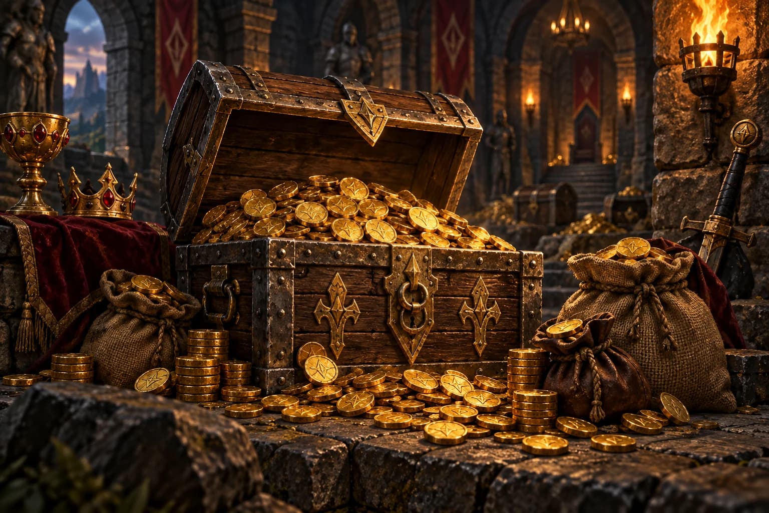 Treasure chest filled with gold coins in a castle treasury