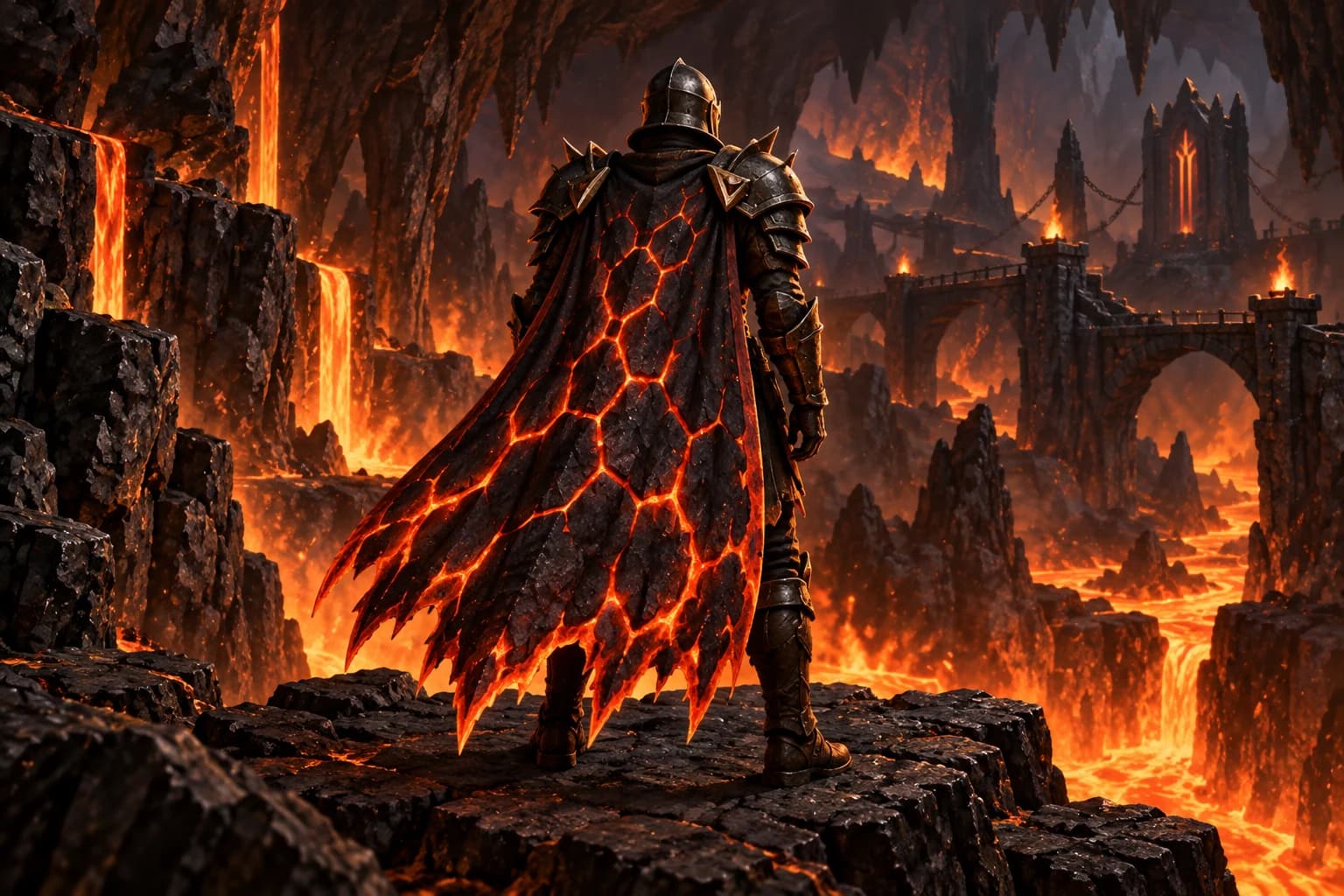 Adventurer wearing a glowing Infernal cape in a volcanic cavern