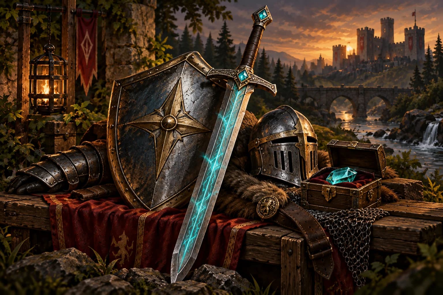 Sword, shield, helmet and gemstone displayed in an armory