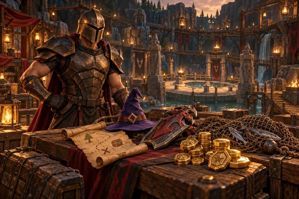 Minigame equipment, reward tokens and outfits beside an arena