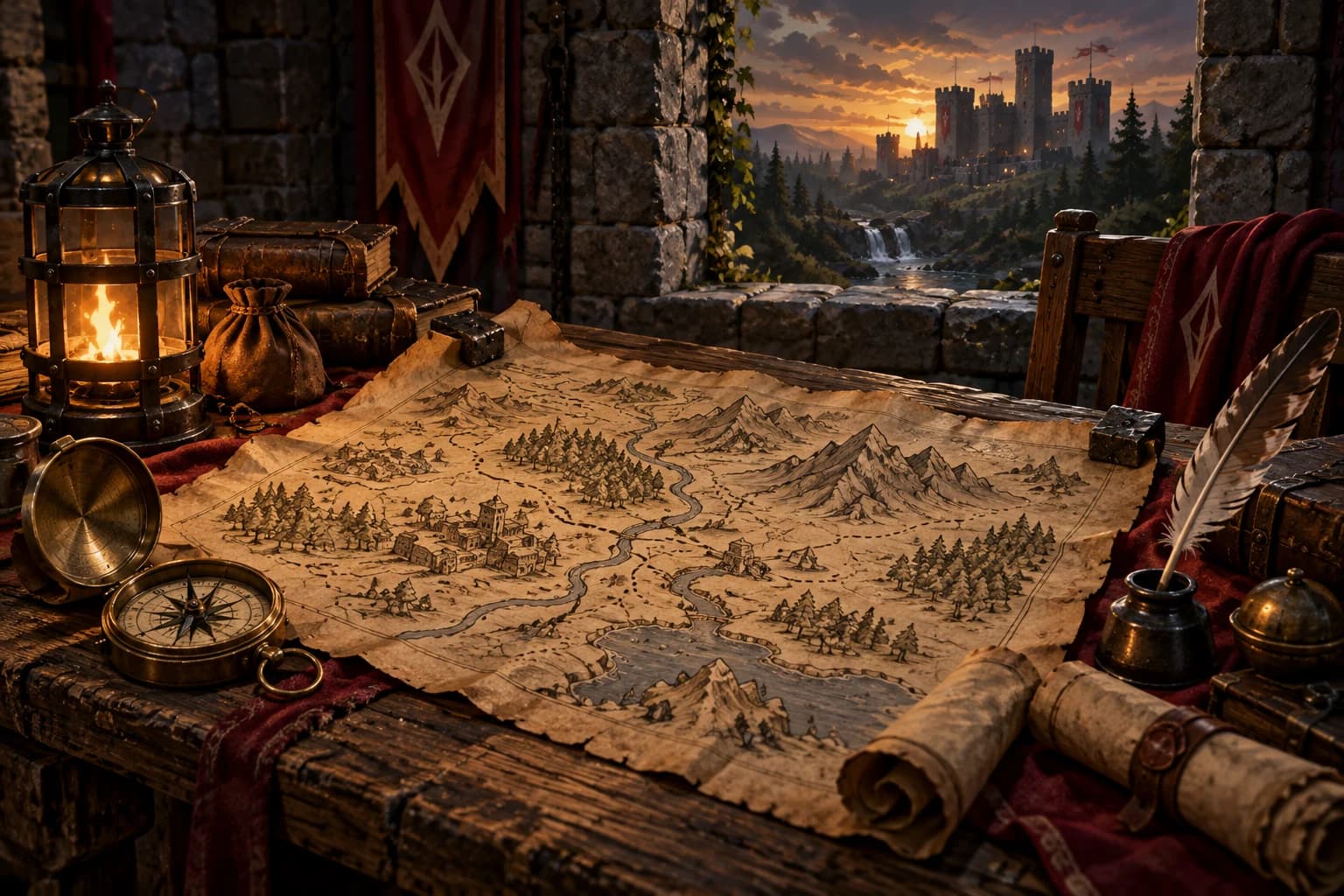 Map, compass and scrolls on an adventurer's expedition table