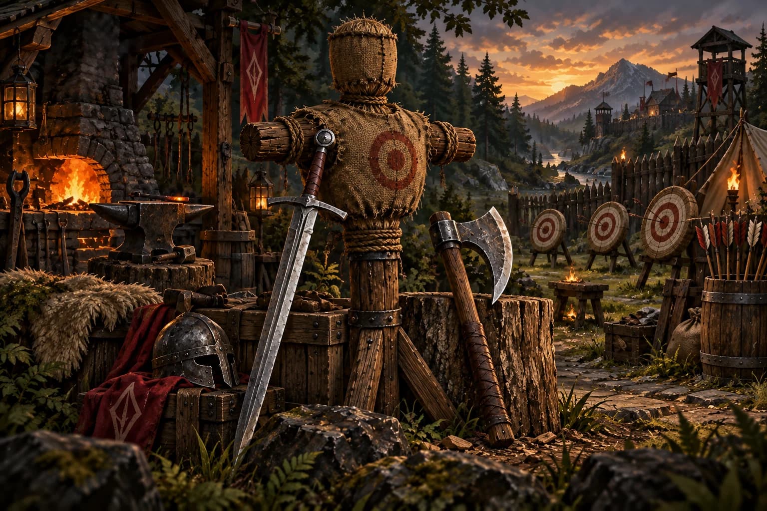 Sword, axe and training dummy at a woodland training camp