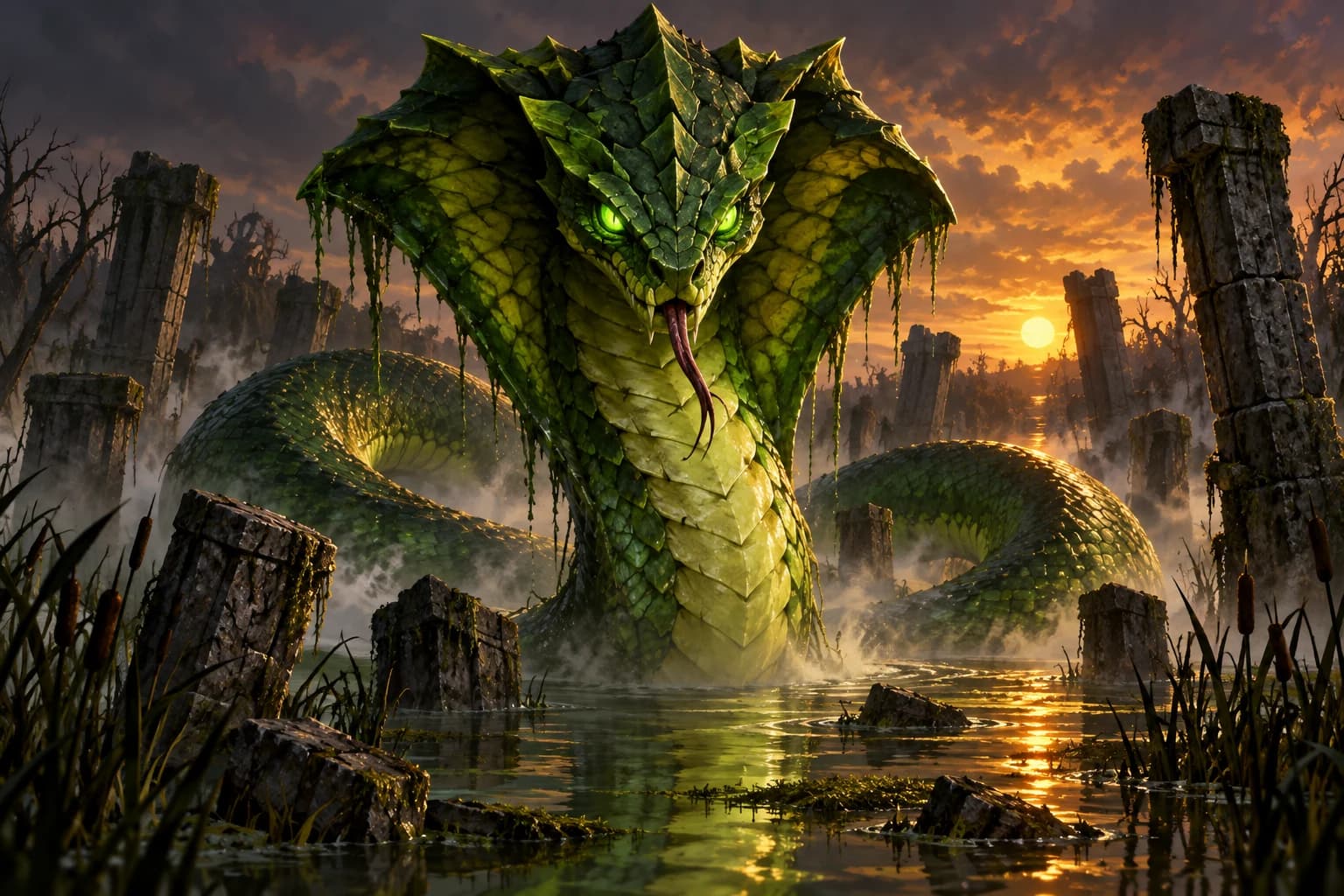 Emerald serpent rising from the mist of an ancient swamp